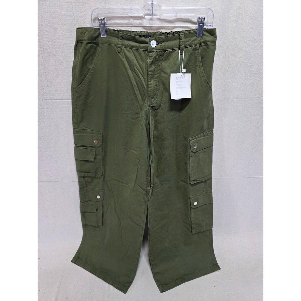 DECIVI Mens Cargo Pants Olive Green Multi Pocket Utility Streetwear Size L NWT